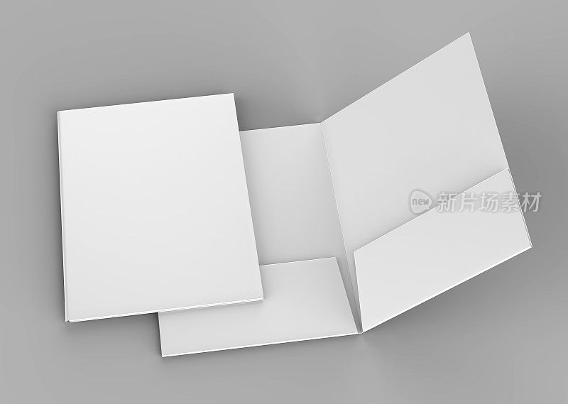 空白的白色加强口袋文件夹在灰色背景上模拟。3 d渲染。